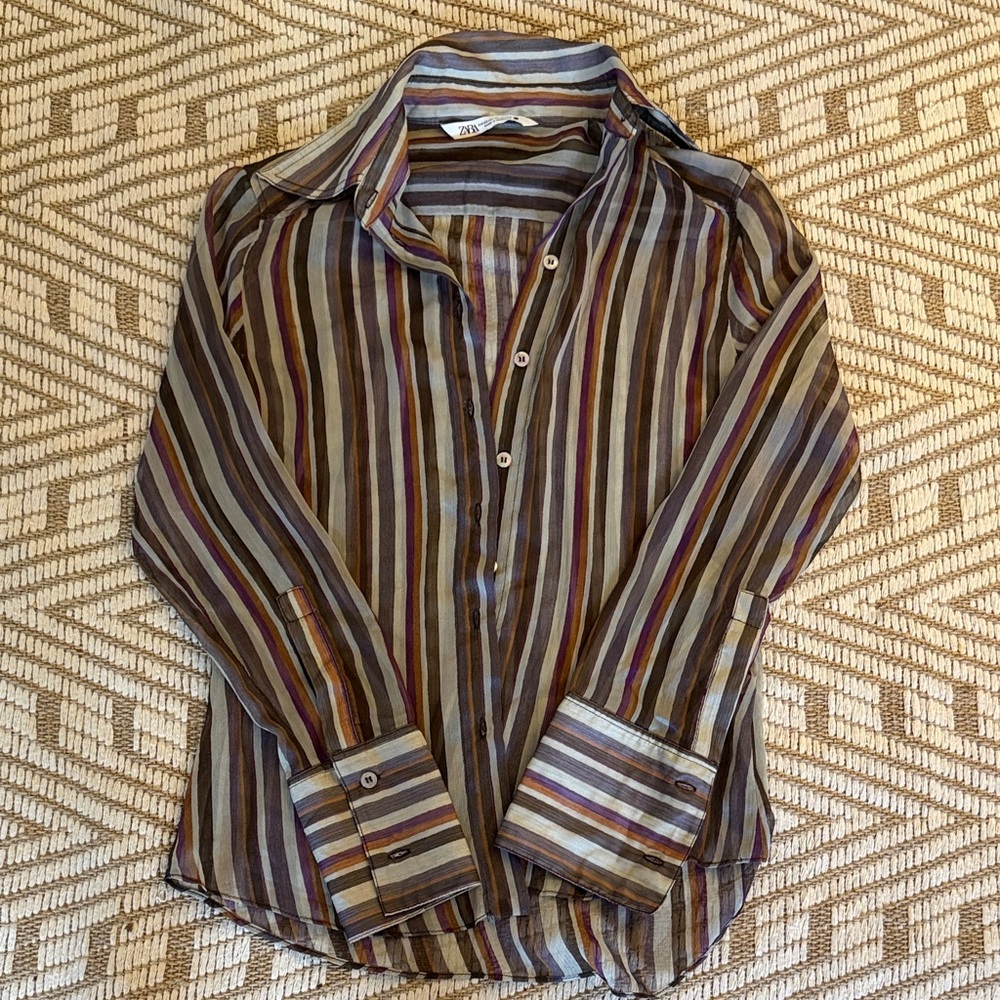 Zara women's Stripe Button-Down sheer shirt size XS
